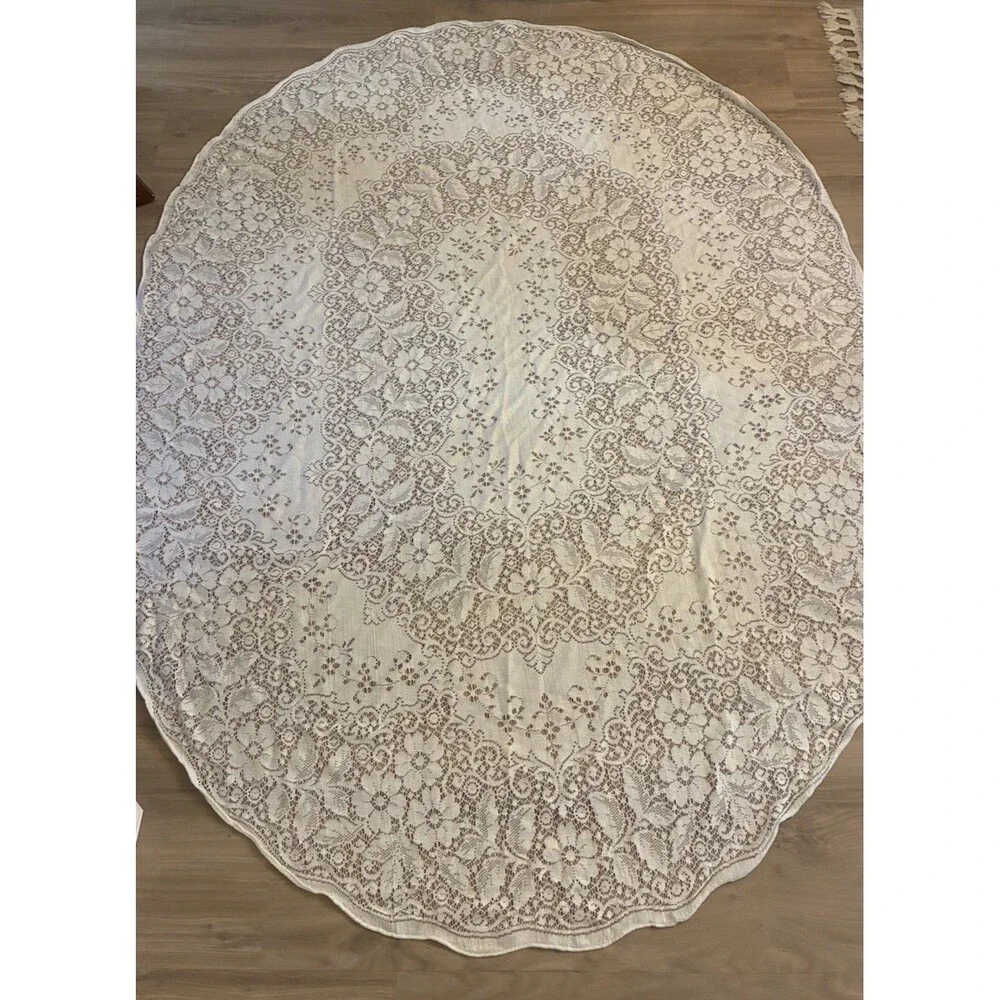 Vintage Oval Lace Tablecloth Floral Cream Ivory 64 x 80 Cottagecore Stain Free